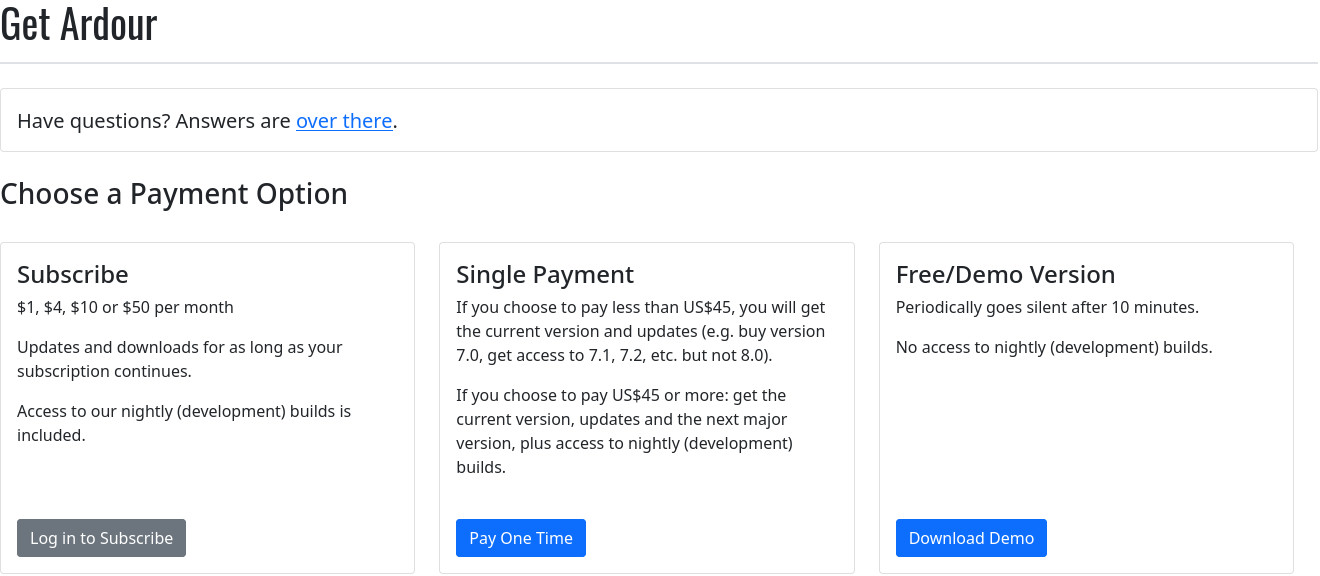 Screenshot of Ardour download options from the website