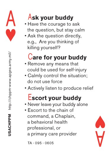 Army ACE Card Army suicide prevention card with 'ACE' acronym meaning 'Ask your buddy,' 'Care for your buddy,' and 'Escort your buddy.'