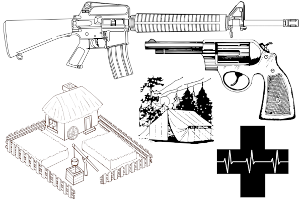 Survivalist Gear AR, revolver pistol, camping tent, farm, and ambulence in black and white