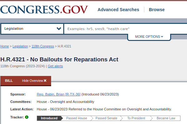 H.R.4321 - No Bailouts for Reparations Act Screenshot of H.R.4321 bill status - introduced