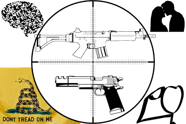 Target on Guns Scope on rifle and pistol, digitized brain, stick figure saluting, couple kissing, and 'Don't Tread on Me' flag,' all in black and white
