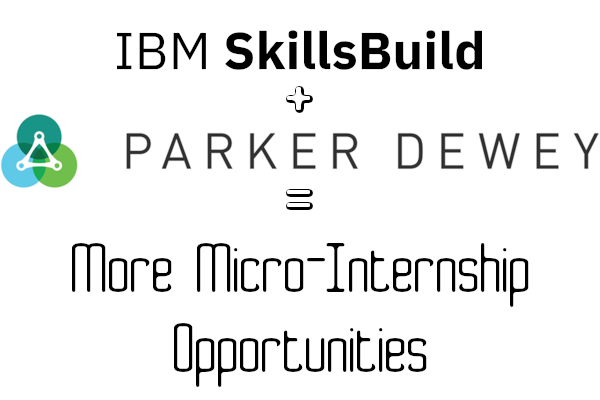 IBM SkillsBuild and Parker Dewey Partnership Graphic stating IBM SkillsBuild plus Parker Dewey equals more micro-internship opportunities