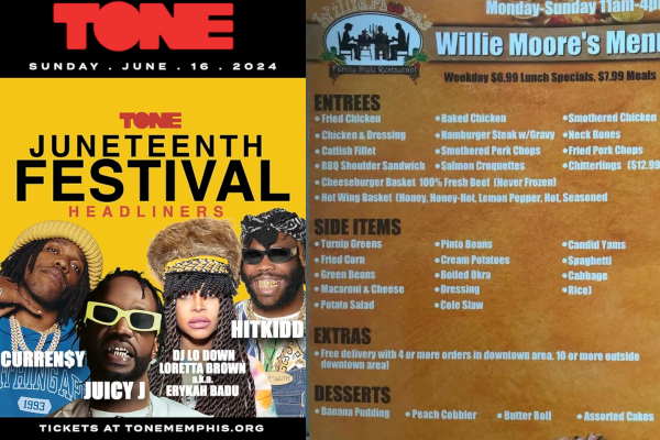 TONE Art Gallery and Willie Moore's Family Restuarant TONE Juneteenth festival brochure and Willie Moore's restaurant menu