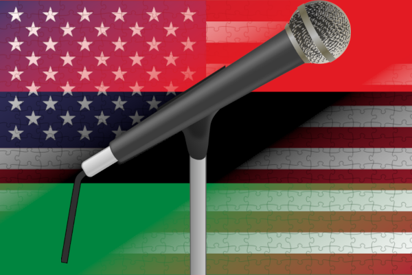 Mic and Flags Dynamic mic, Pan-African flag, and US flag