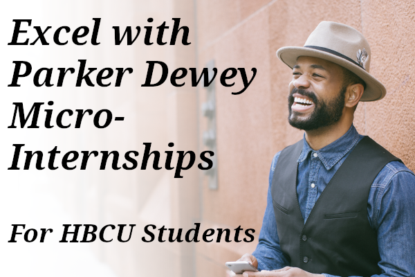 Cyber Monday 2024 Black American/ADOS man and text 'Excel with Parker Dewey Micro-Internships'