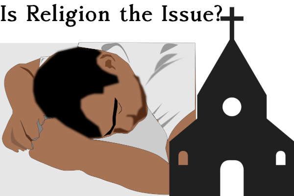Is Religion the Issue? Man sleeping and church