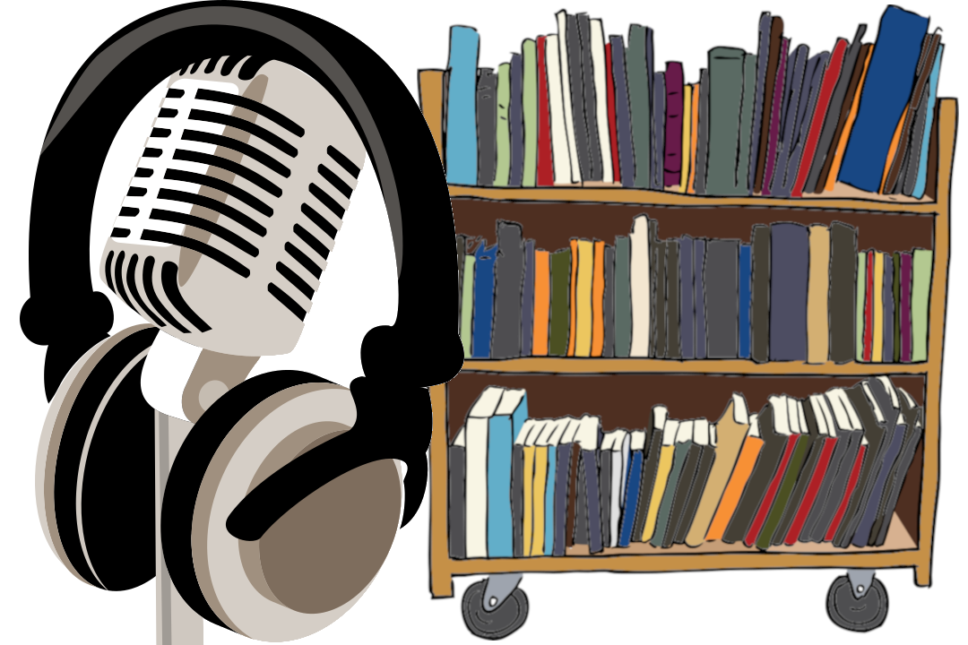 Mic and Books Headphones on a microphone and books
