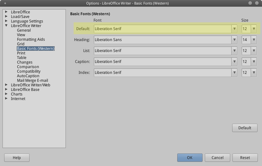 screenshot of Libre Office options menu