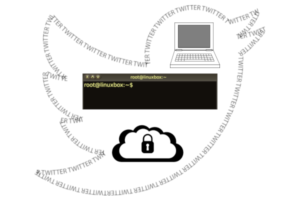 Twitter Twitter outline with a laptop, Linux terminal, and cloud symbol with lock inside